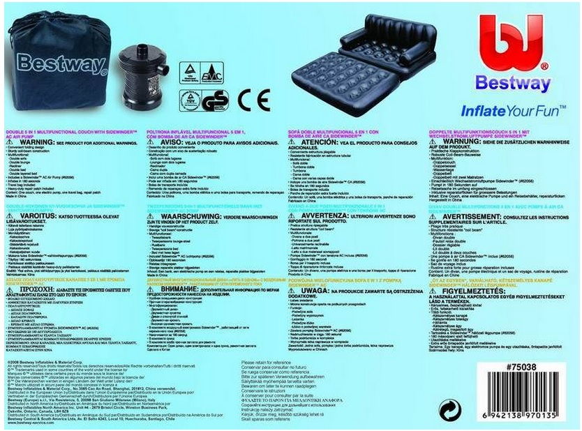 Original BestWay Inflatable Air Sofa Double Seats 75308 + Foot Rest + Pumper