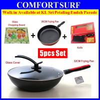 5pcs Set 32CM 26CM Non-Stick Frying Pan + Glass Cover + Knife + Glass Chopping Board