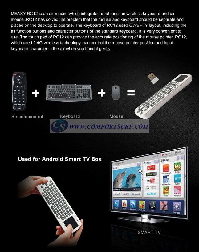 Measy RC12 Wireless Air Fly Mouse / Keyboard Smart Remote for Android TV box / Dongle / Smart TV