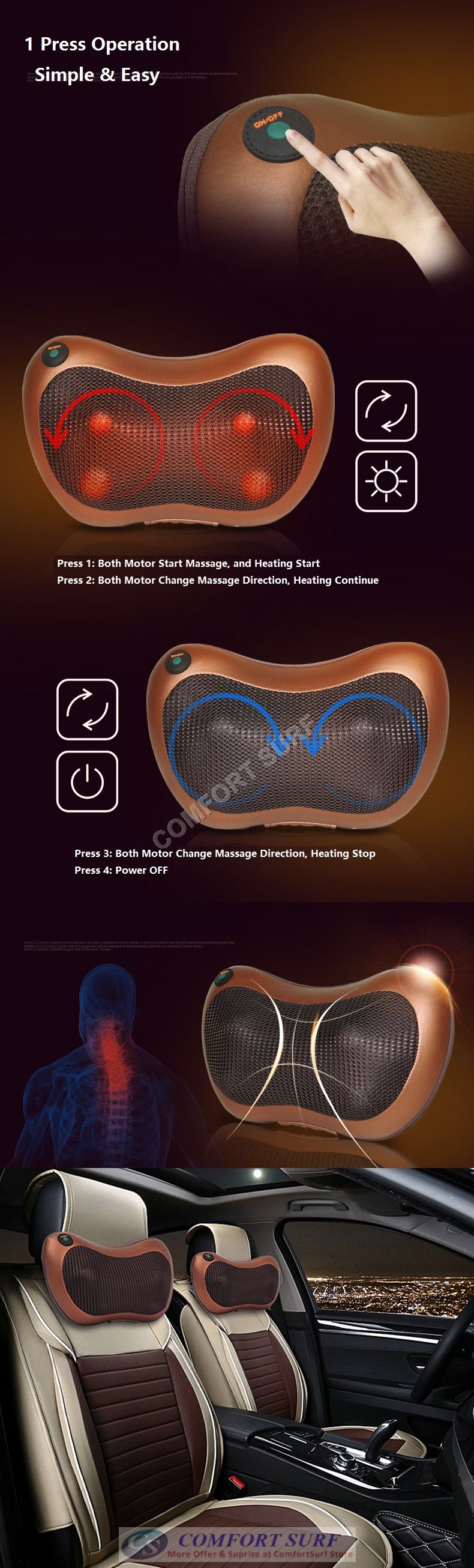 Multifunction Dual Use Electric Massage Pillow Shiatsu Infrared Heated 2 in 1 Cushion Home Car Office Massager