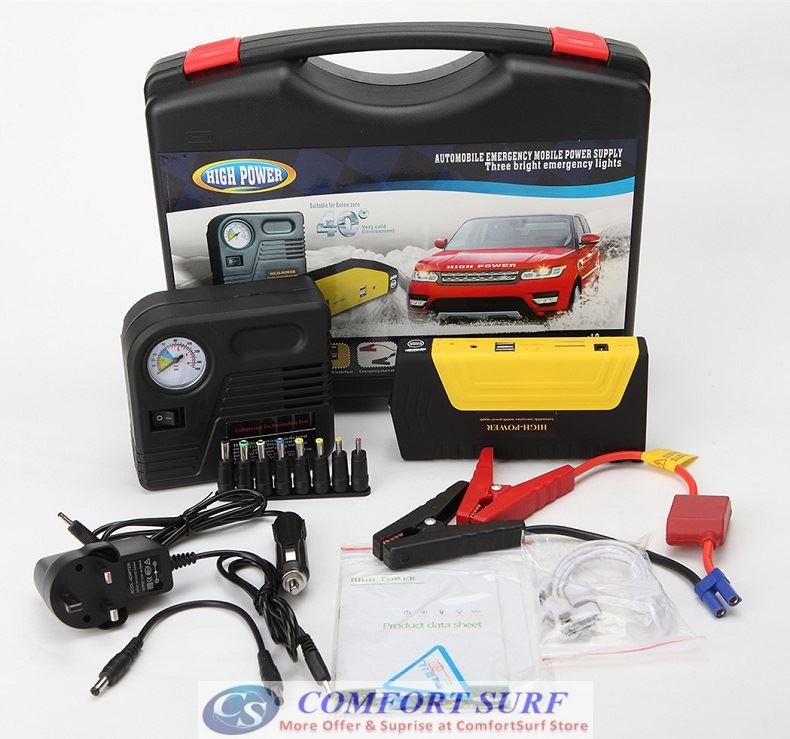 Latest Air Compressor Version, Original Multifunction Car Jumper Starter Power Bank 50800 with 5V 9V 12V 16V 19V Output for Gasoline car, mobile phone & Laptop Charger + 2X USB