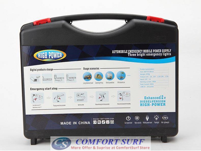 Latest Air Compressor Version, Original Multifunction Car Jumper Starter Power Bank 50800 with 5V 9V 12V 16V 19V Output for Gasoline car, mobile phone & Laptop Charger + 2X USB