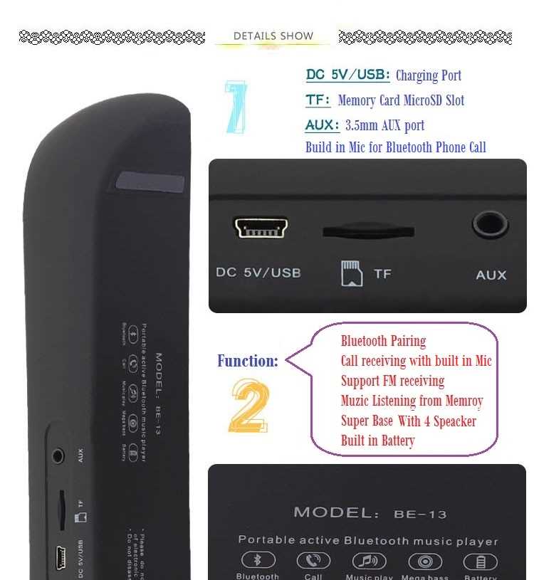 NEW BE-13 Bluetooth Hand-Free Speaker for Mobile Phone Calling & Receive Phone + MP3 Player + FM Radio + Build in with 4 x Speaker