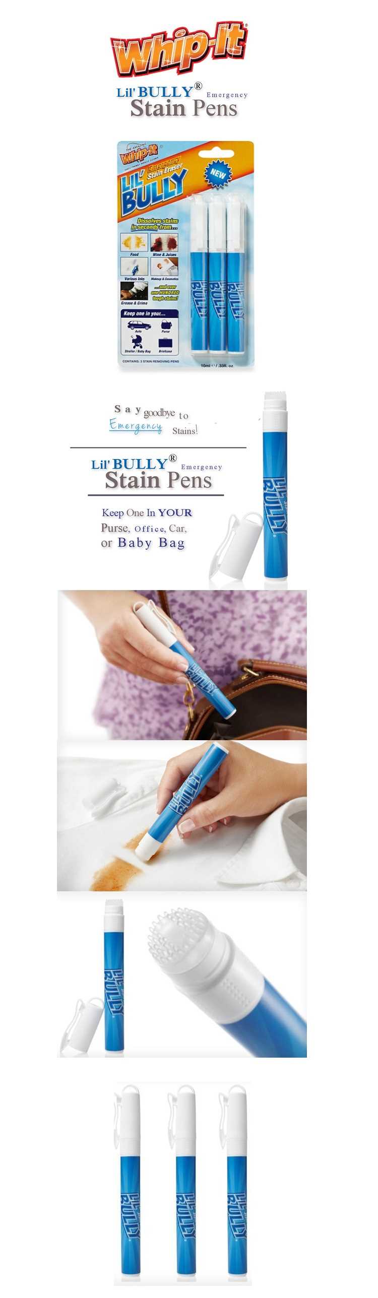 The amazing whip it LIL BULLY CLOTHES STAIN PEN 3 PACK INSTANT STAIN REMOVER