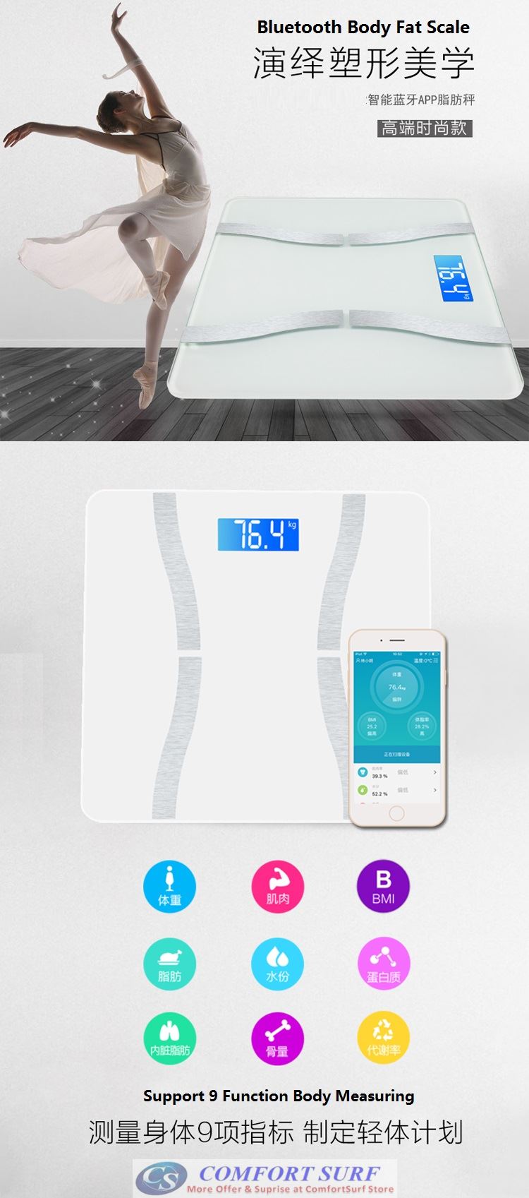 Composition Body Weight / Fat / Water / Muscle / Bone Substance / BMI / Calorie