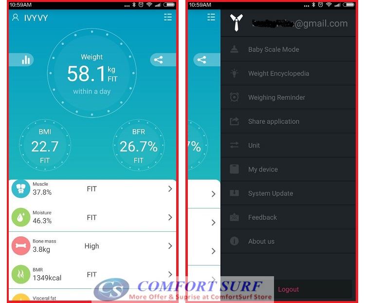 Composition Body Weight / Fat / Water / Muscle / Bone Substance / BMI / Calorie