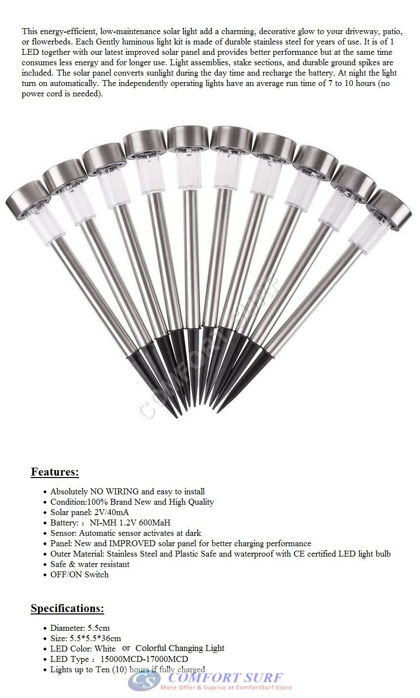 10 Units Outdoor Stainless Steel Solar Powered LED Light Lawn Garden Landscape Path