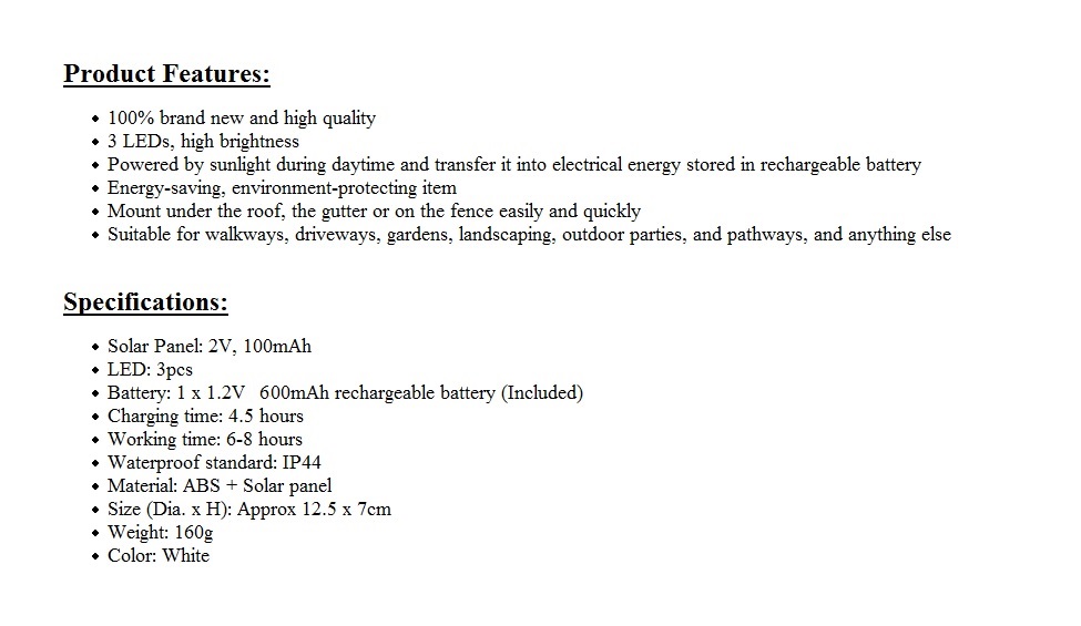 Outdoor Solar Powered 3 LED Wall Path Landscape Mount Garden Fence Light Lamp