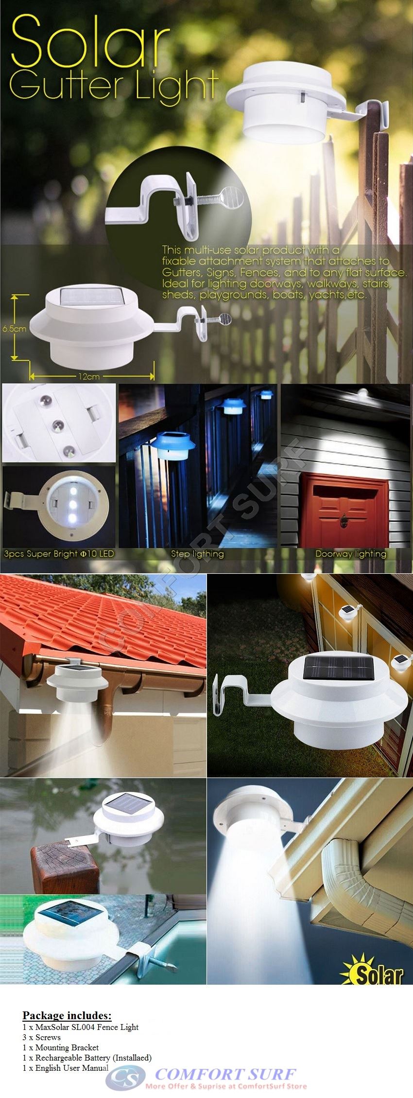 Outdoor Solar Powered 3 LED Wall Path Landscape Mount Garden Fence Light Lamp