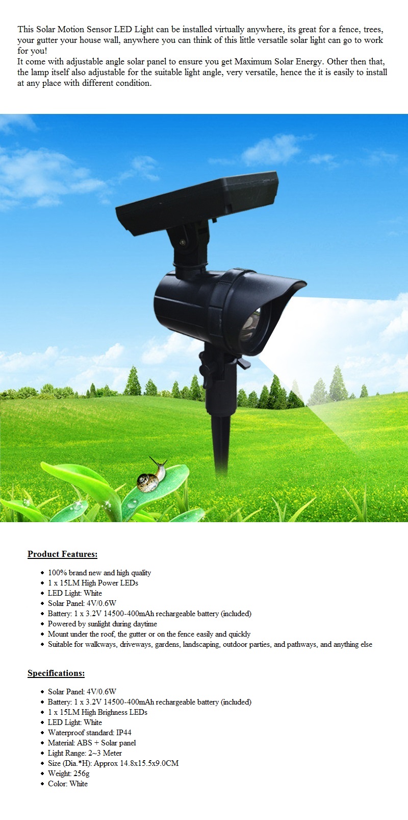 Outdoor Adjustable Solar LED Path Security Landscape / Garden / Yard / Wall / Fence / Pathway Light With Adjustable Panel and Head