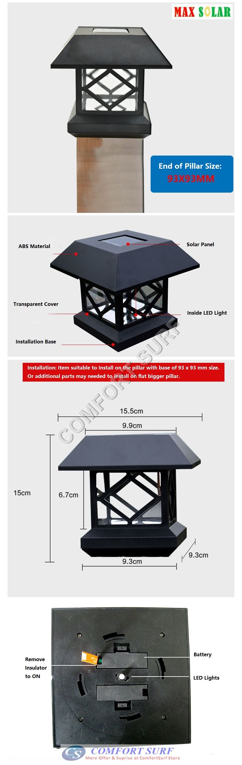 MaxSolar SL011 Outdoor Solar Powered LED Light Gate Pillar Way Landscape Garden Fence Decoration Lamp