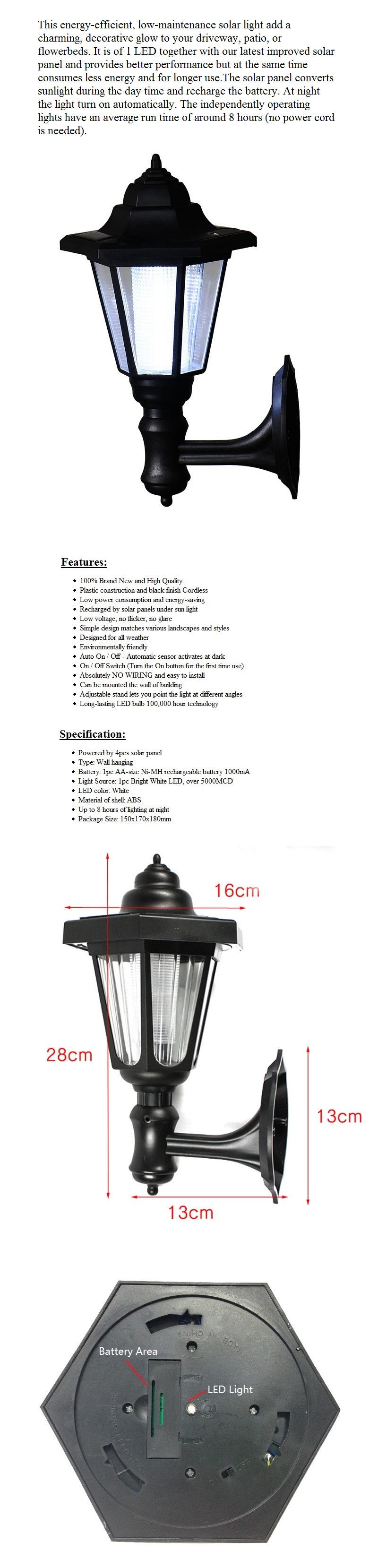 Outdoor Solar Power LED Light Path Way Wall Landscape Mount Garden Fence Decoration Lamp