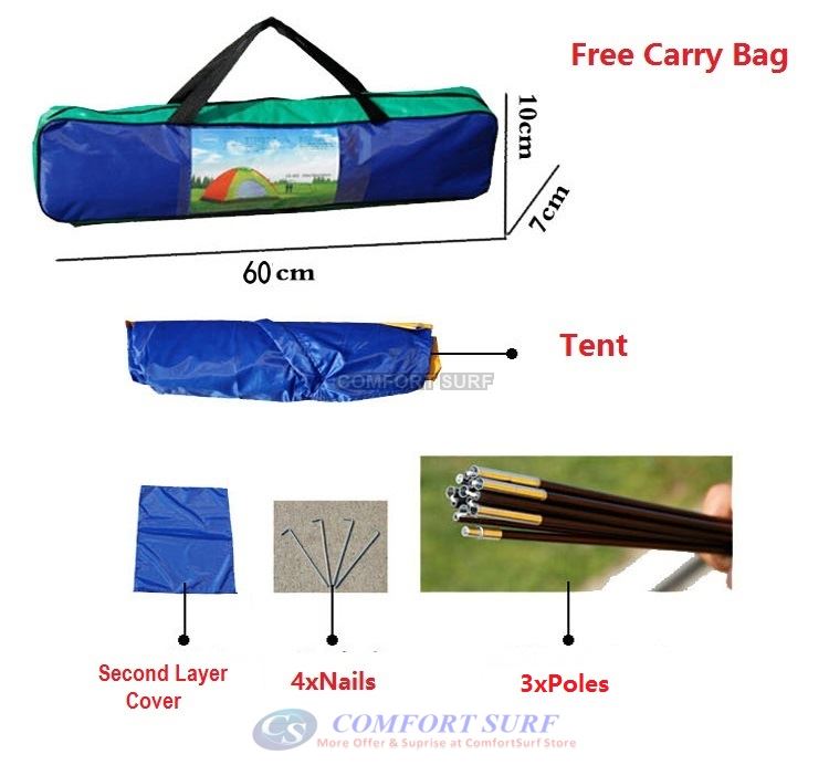 New Outdoor Double Layer Double Door Waterproof Camping Tent 3/4 Persons + Free Carry Bag