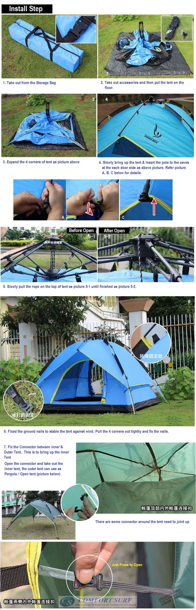 New Outdoor Double Layer Double Door + Dual Use Waterproof Automatic Camping Tent 3/4 Persons + Free Carry Bag
