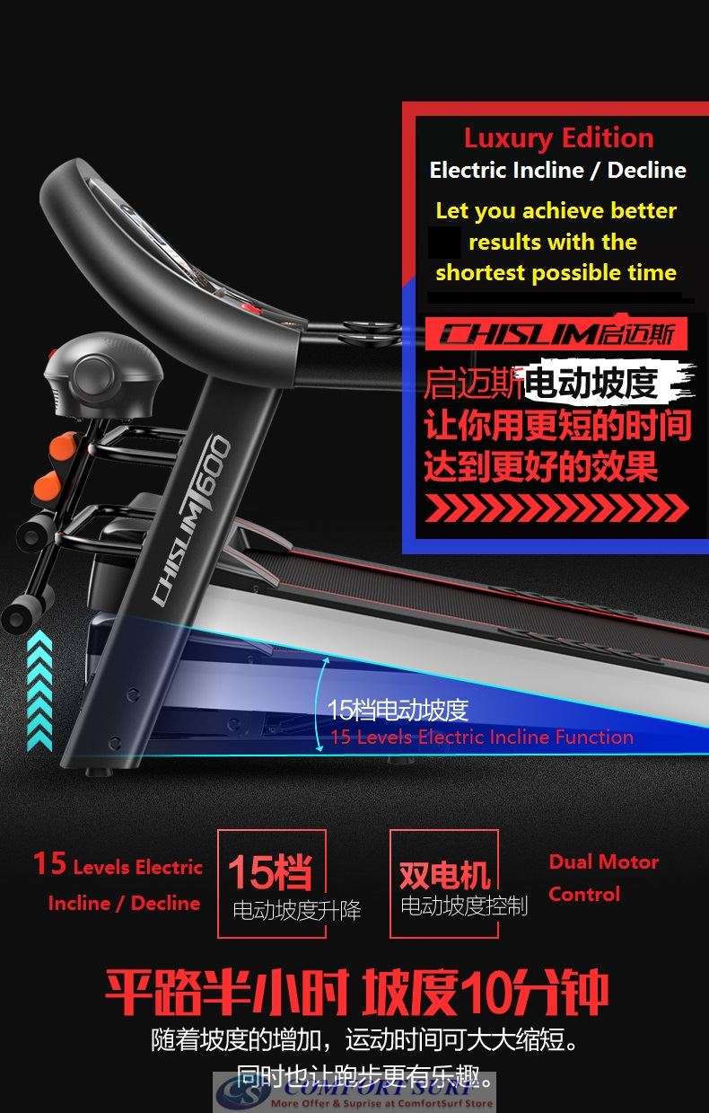 Chislim Luxury Single / Multi function Treadmill 3.0HP With Electric Incline Decline + 4 Way Spring Damping System