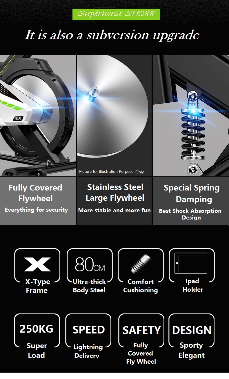 Superhorse SH288 Home Gym / Fitness Equipment Spinning Bicycle / Cycling Exercise Bike With Spring Damping System, Safe Full Cover Flywheel