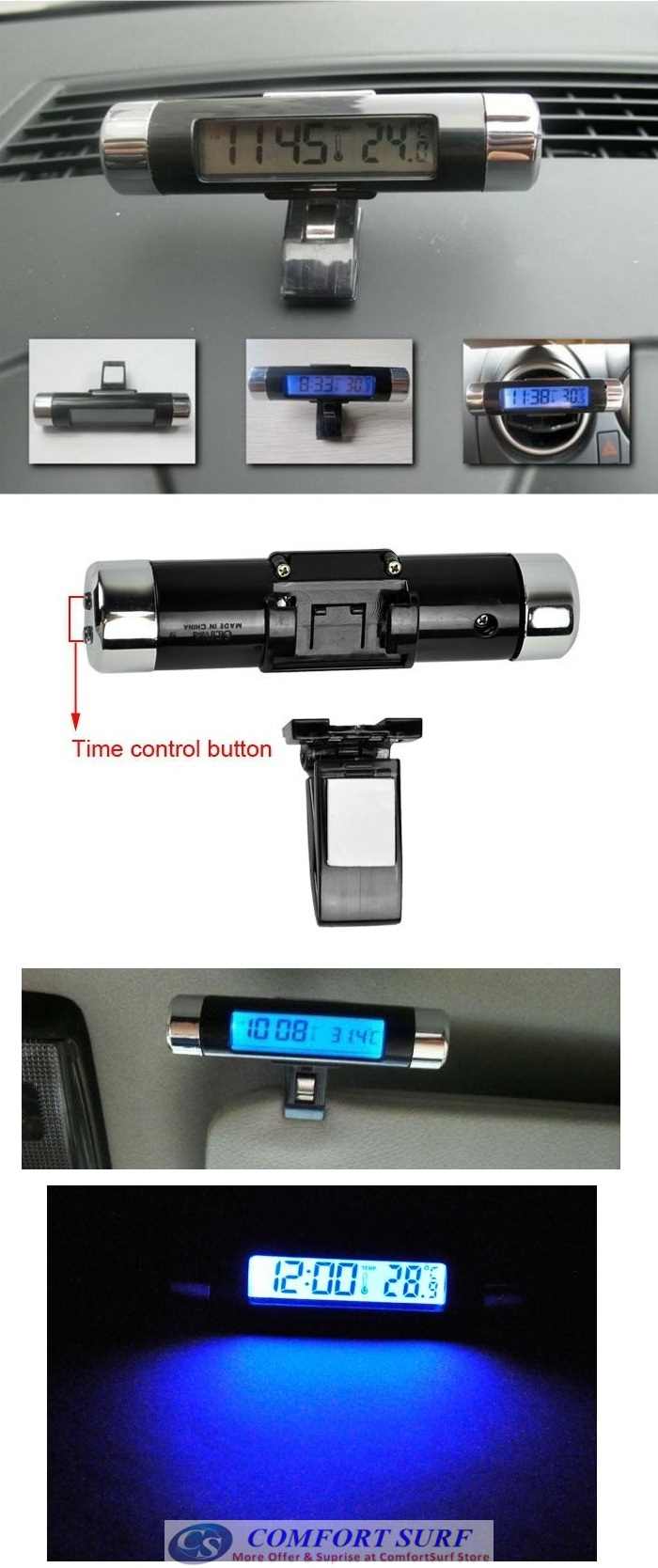 Car LCD Digital Back Light Automotive Clock with Thermometer