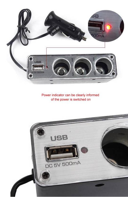 Triple Car Cigarette Lighter Socket with USB Port
