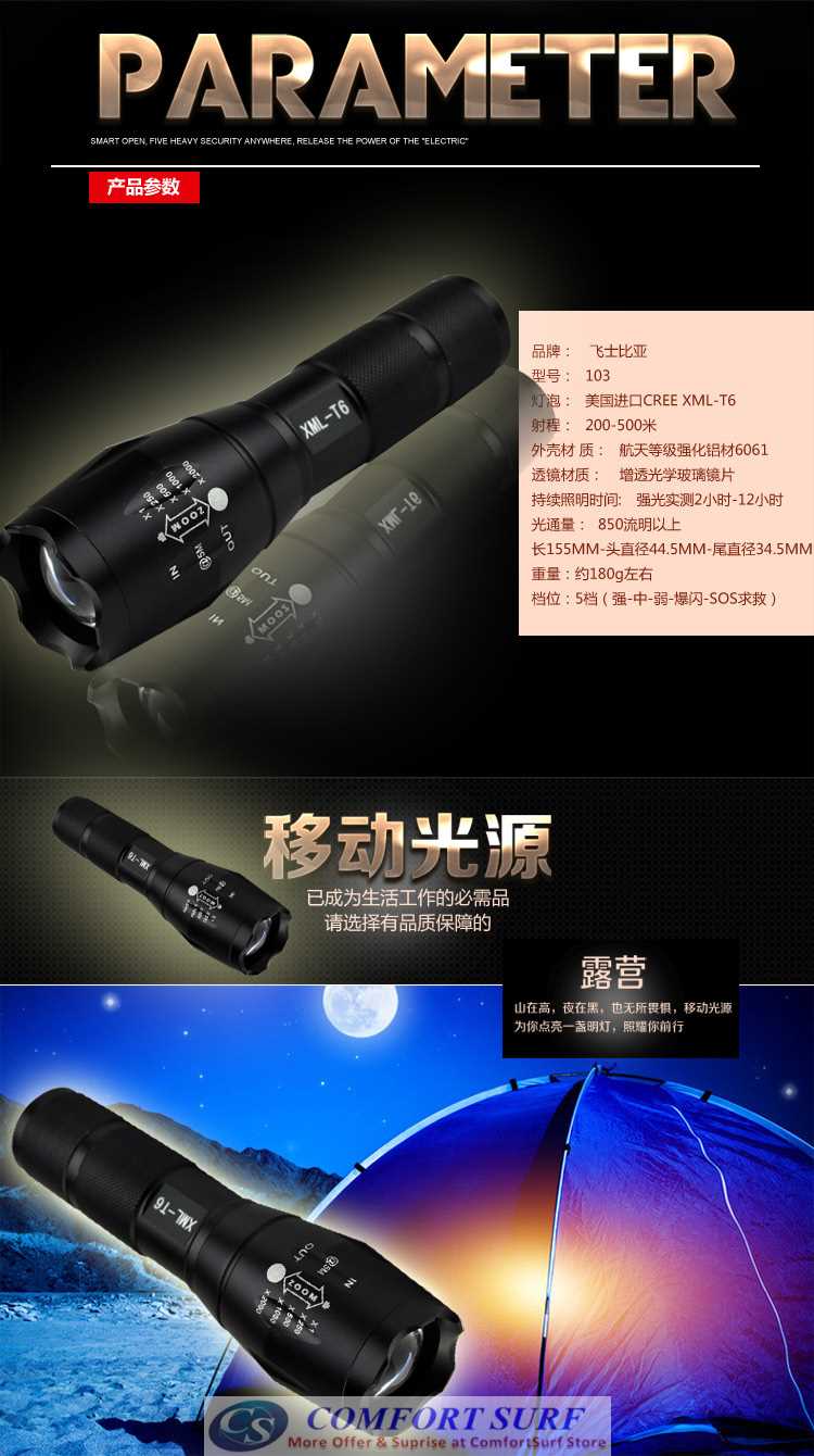 Ultrafire Super CREE XML-T6 T6 LED Zoomable Torchlight Flashligh with 5 Adjustable Mode