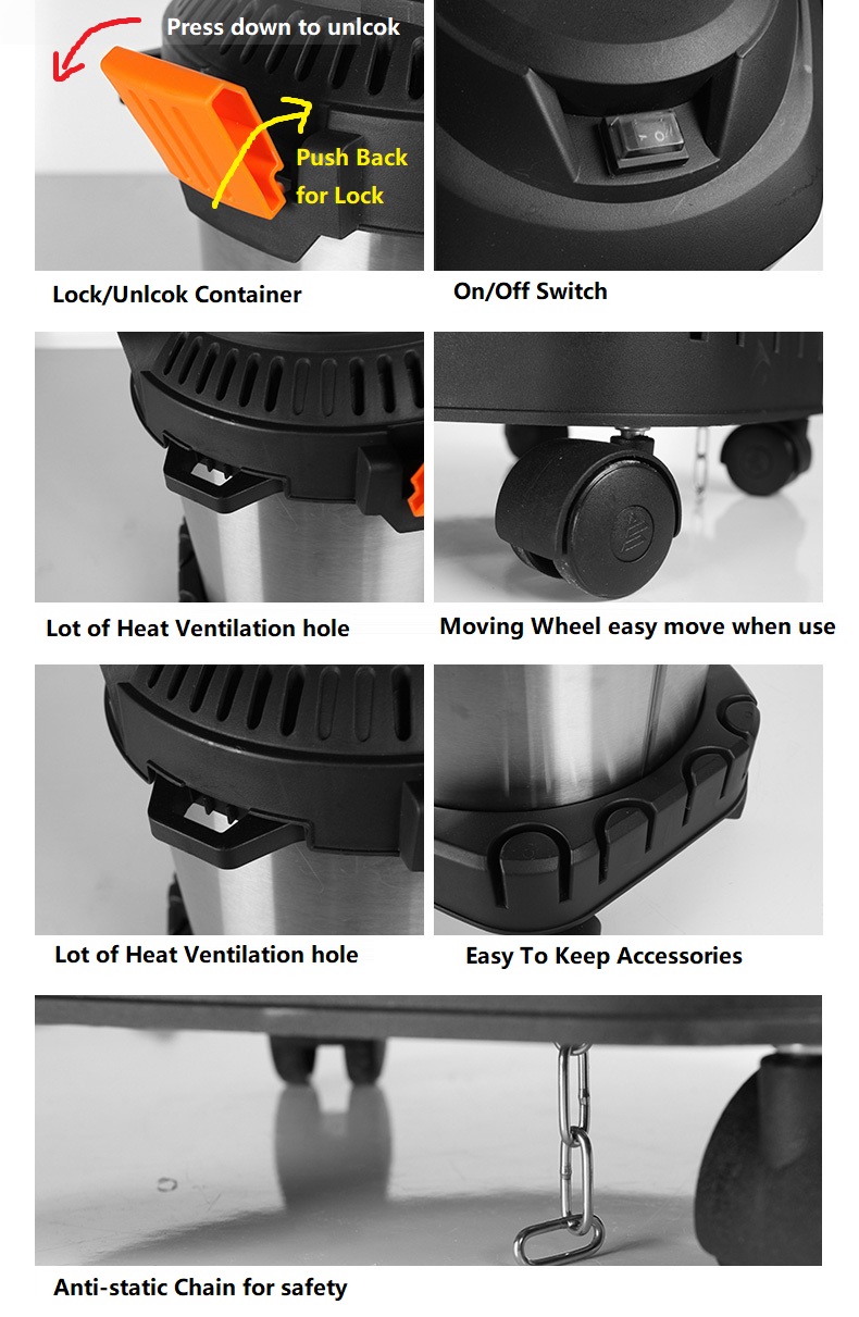 Multifunction Heavy Duty Powerful 100W 3-in-1 Dry / Wet / Blower Vacuum Cleaner 12L Bagless Vacuum Stainless Steel Container