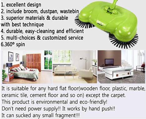 Portable eco Green Sweeper Broom Vacuum Cleaner 360 rotate Without Electricity