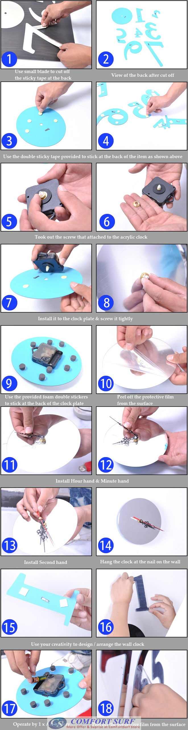 DIY Creative Interior Decoration Framelss Mirror Wall Acrylic Clock