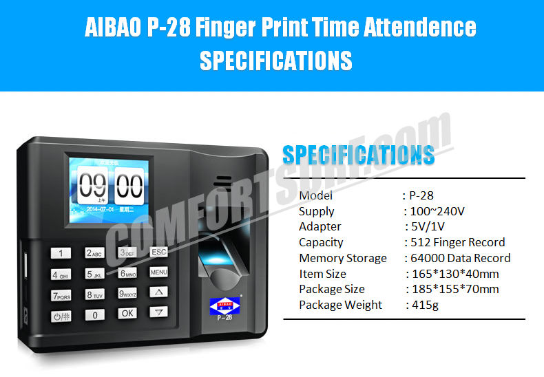 ORIGINAL AIBAO P-28 Quality Biometric Fingerprint Time Attendance System Device