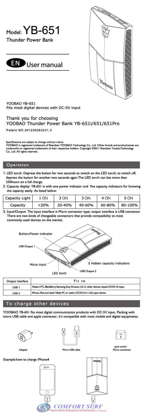 YOOBAO YB-651Power Bank 1300mAh PORTABLE CHARGER BATTERY Power Bank