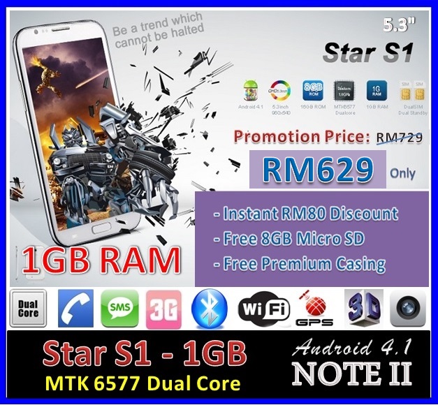 Star S1 1GB MTK6577 Cortex A9 Dual Core Andoid 4.1 Jeallybean Smartphone