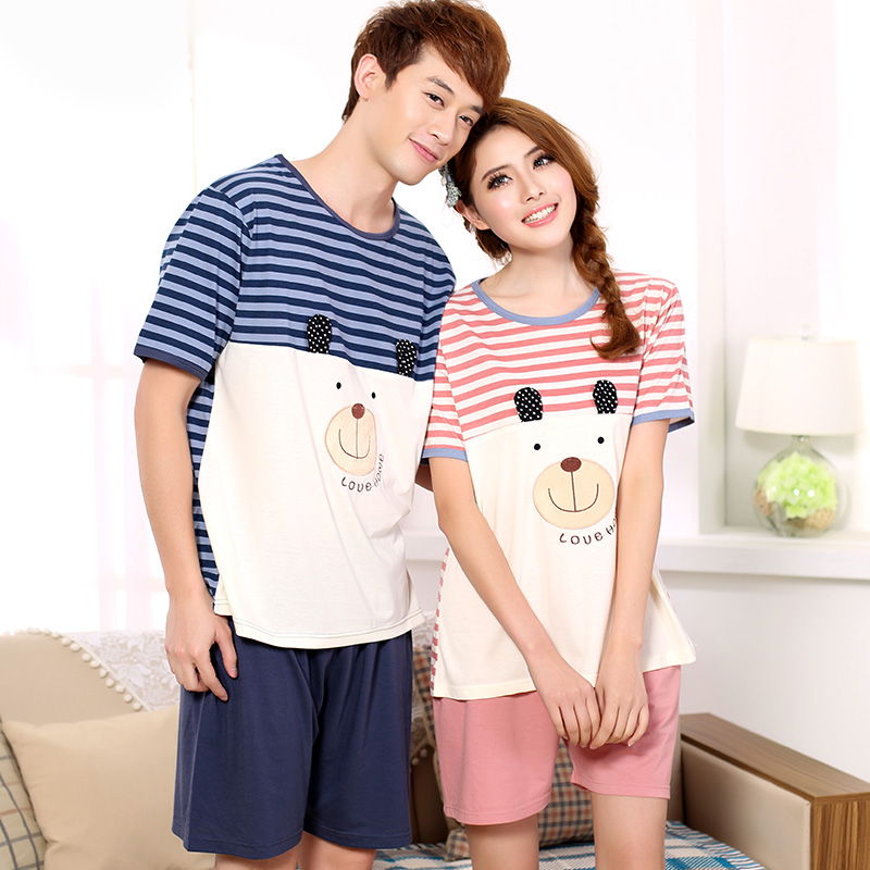 Men Women Lovers Night Dress Sleepwear Couple Pajamas Cotton Short Sleeved