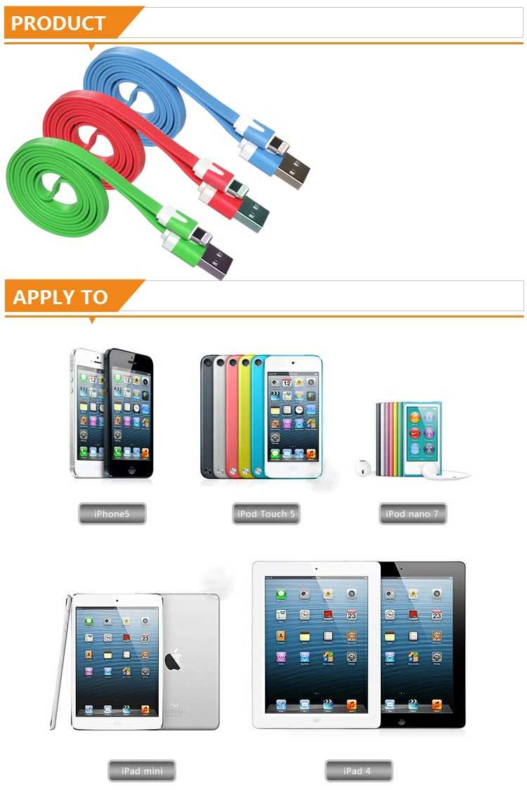 1Meter Noodle Style Lightning 8 Pin USB Sync Data / Charging Cable for Apple iPhone 5, iPad mini, iPad 4, iPod Touch 5