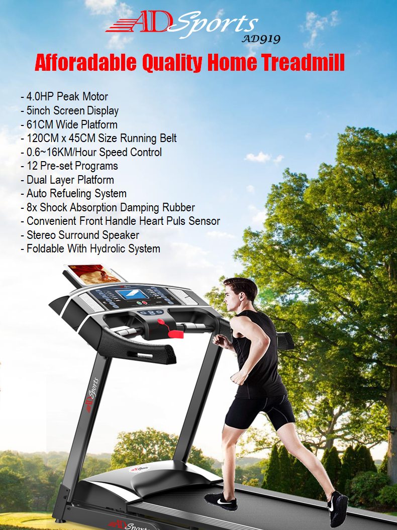 4.0HP ADSports AD919 Motorize Electric Treadmill 61CM Wide Running Platform With Auto Refueling System & 8x Rubber Absorption Damping System