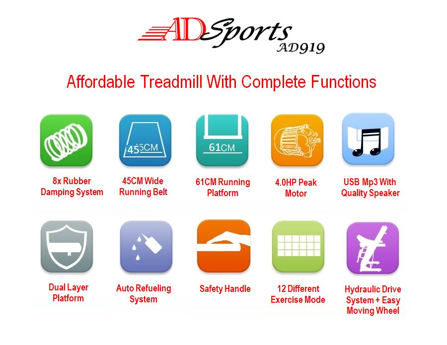 4.0HP ADSports AD919 Motorize Electric Treadmill 61CM Wide Running Platform With Auto Refueling System & 8x Rubber Absorption Damping System