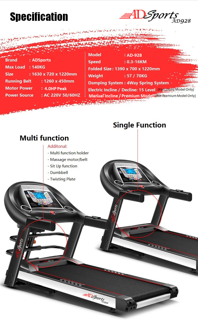 4.0HP ADSports AD928 Motorize Electric Treadmill Manual/Auto Electric Incline Decline 59CM Wide Running Platform With Auto Refueling System & 4 Ways Spring Shock Absorption Damping System