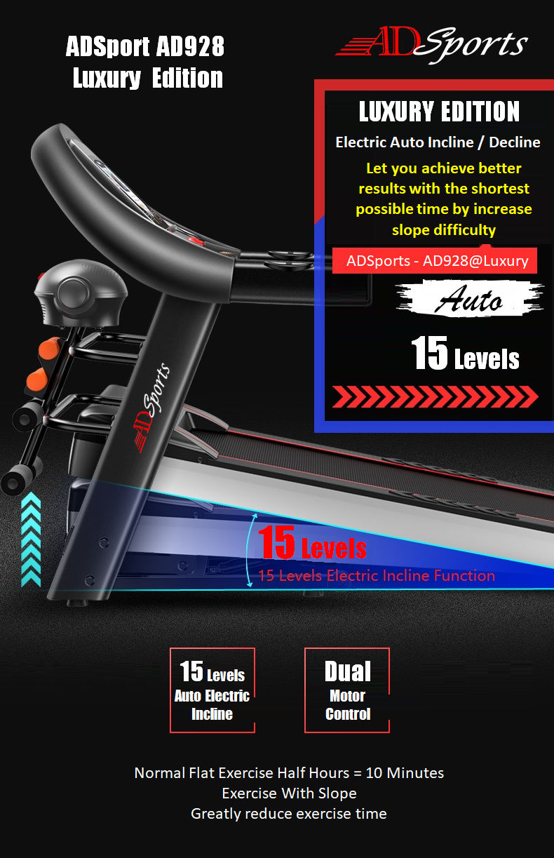 4.0HP ADSports AD928 Motorize Electric Treadmill Manual/Auto Electric Incline Decline 59CM Wide Running Platform With Auto Refueling System & 4 Ways Spring Shock Absorption Damping System