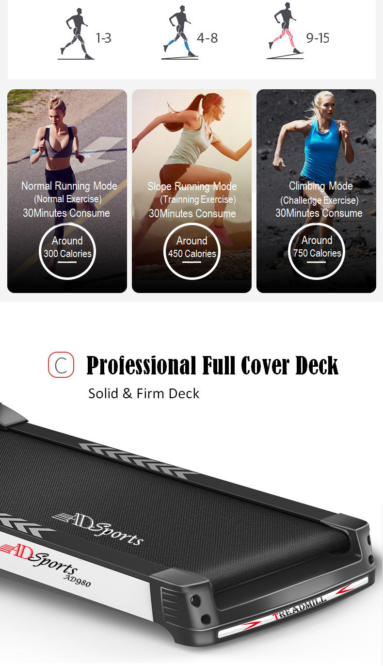 4.5HP ADSports AD980 10inch (Color Touch Screen) / 5inch (Blue Screen) Motorize Electric Treadmill 15 Levels Auto Electric Inclination, 64CM Wide Running Platform With Auto Refueling System & 4 Ways Spring Shock Absorption Damping System