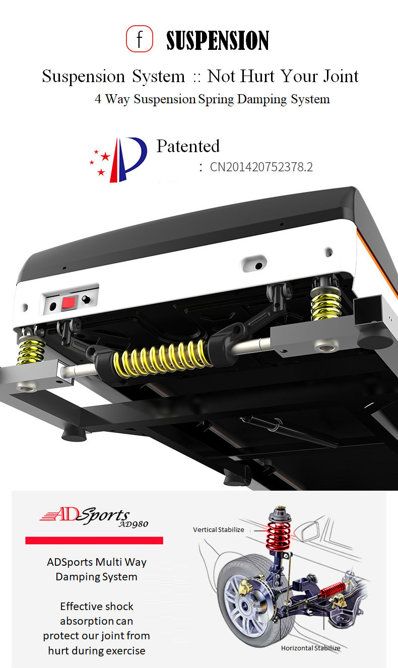 4.5HP ADSports AD980 10inch (Color Touch Screen) / 5inch (Blue Screen) Motorize Electric Treadmill 15 Levels Auto Electric Inclination, 64CM Wide Running Platform With Auto Refueling System & 4 Ways Spring Shock Absorption Damping System