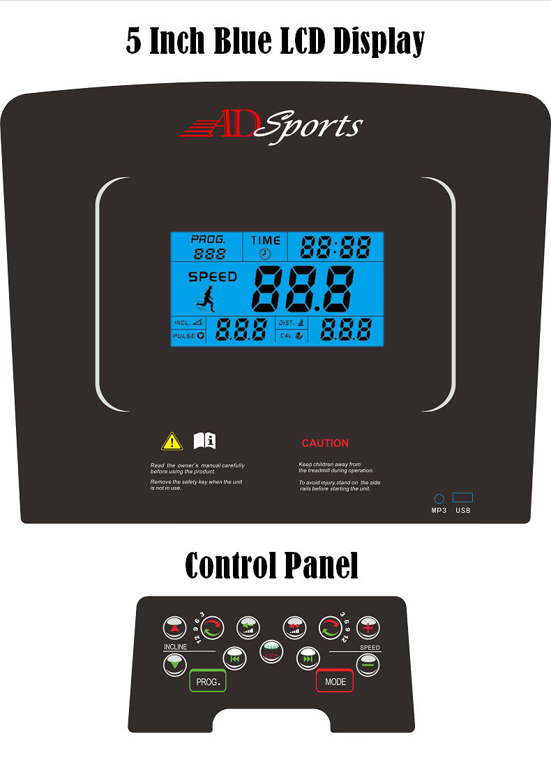 4.5HP ADSports AD980 10inch (Color Touch Screen) / 5inch (Blue Screen) Motorize Electric Treadmill 15 Levels Auto Electric Inclination, 64CM Wide Running Platform With Auto Refueling System & 4 Ways Spring Shock Absorption Damping System