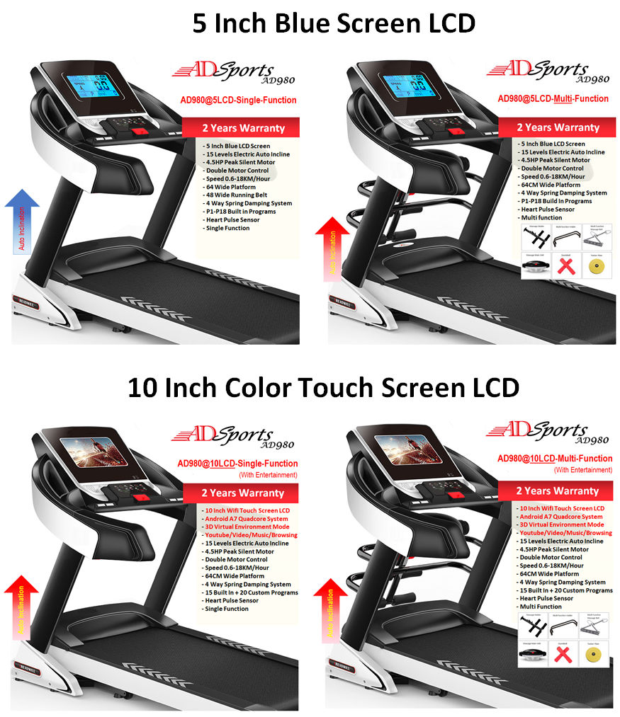4.5HP ADSports AD980 10inch (Color Touch Screen) / 5inch (Blue Screen) Motorize Electric Treadmill 15 Levels Auto Electric Inclination, 64CM Wide Running Platform With Auto Refueling System & 4 Ways Spring Shock Absorption Damping System