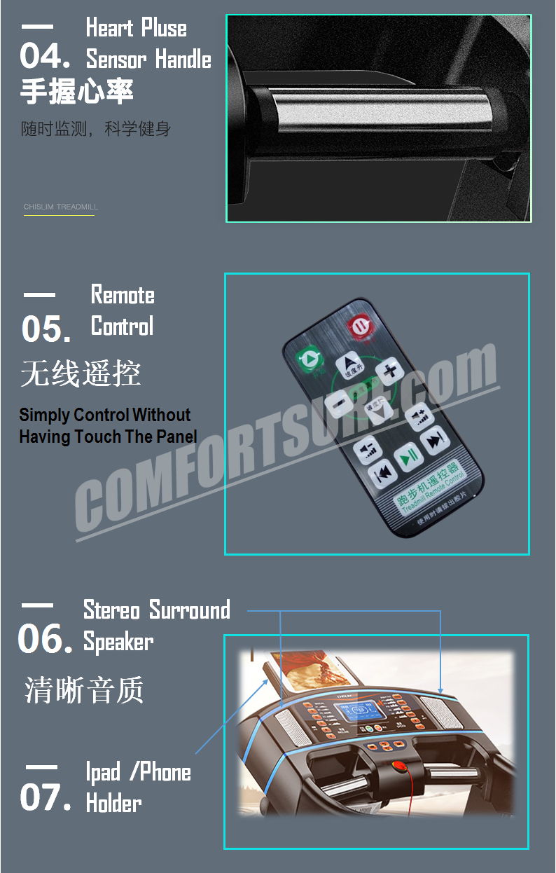 4.0HP Chislim 7013 Electric Auto Incline Decline Treadmill 62CM Wide Running Platform With Auto Refueling System & 4Ways Shock Absorption Damping System