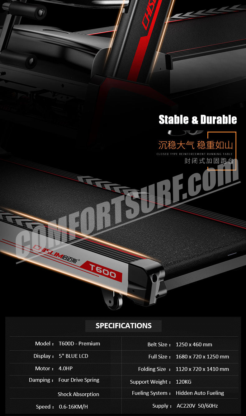 4.0HP Chislim T600D (D series) Electric Treadmill 62CM Wide Running Platform With Auto Refueling System & Four Drive Shock Absorption  Damping System