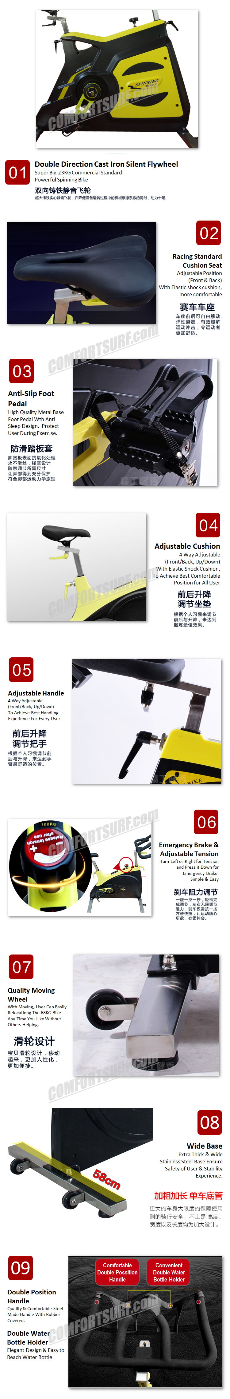 Commercial GYM Room Spinning Exercise Bike 23KG Flywheel, 68KG Stainless Steel Body Frame Multi Adjustable Stable Elegant Design Bicycle Exercise Bike