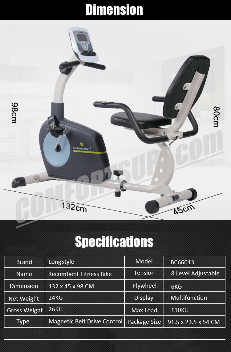 LongStyle BC66013 Recumbent Fitness Stationary Exercise Bike with Display Monitoring Heart Pluse Sensor Exercise Bicycle Cardio Workout Indoor Cycling Best For Elderly
